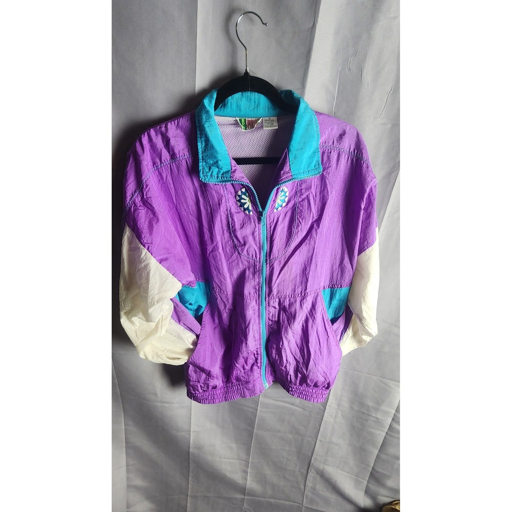 Vintage 80s Bold Spirit Colorblock Windbreaker Jacket Purple Teal Womens Medium